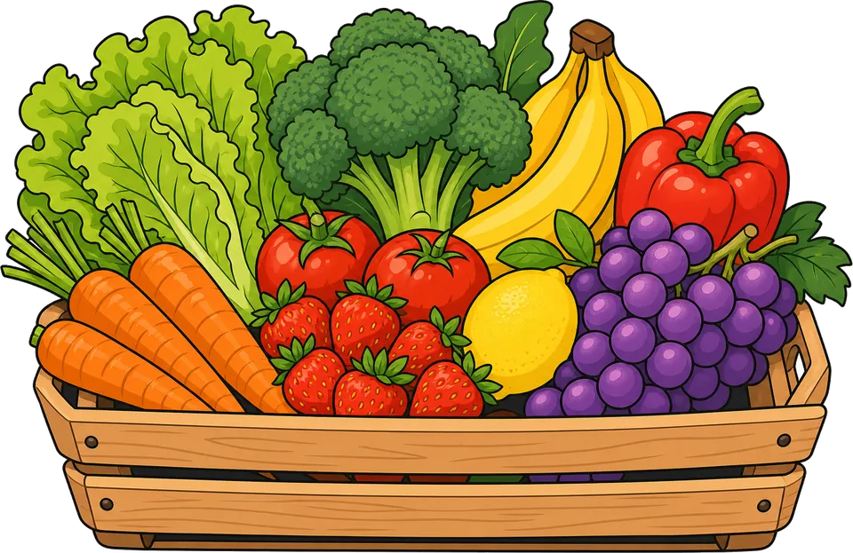 A crate of fresh fruits and vegetables