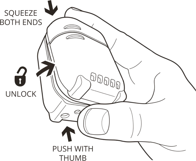 Line drawing of a hand opening the Fridgie: squeeze both ends so the lock releases, then push the lid open with your thumb.