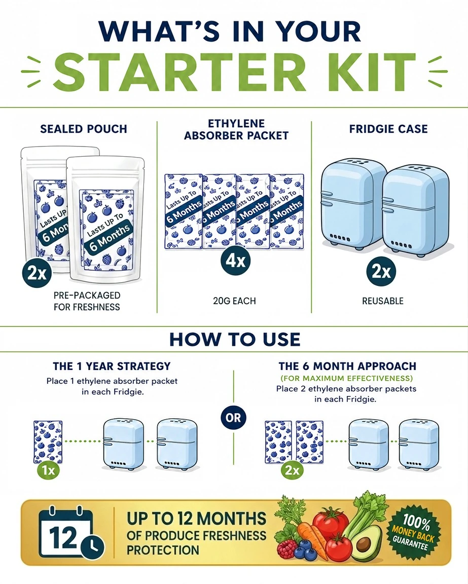 What's in your starter kit: two sealed pouches, four ethylene absorber packets (20g each, last up to 6 months), and two reusable Fridgie cases. How to use it: the one year strategy places one packet in each Fridgie, or the six month approach places two packets in each Fridgie for maximum effectiveness, for up to 12 months of produce freshness protection.